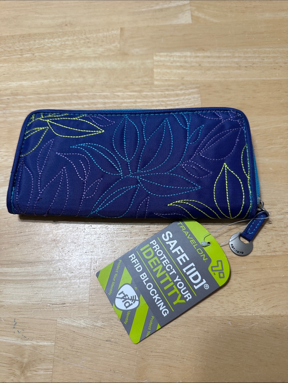 Travelon Purple aqua Zip-Around Wallet with Lime & Teal Floral Stitching